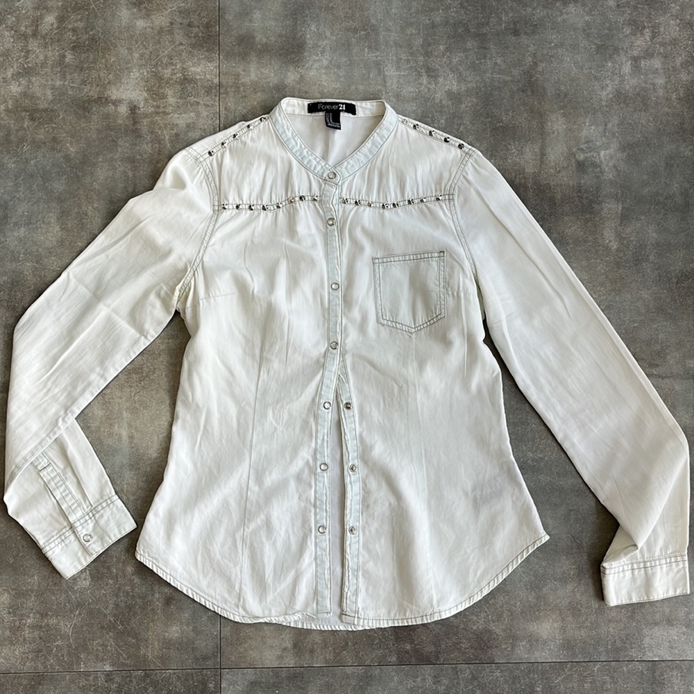 FOREVER 21 Studded Western Light Washed Out Denim Button Down Shirt